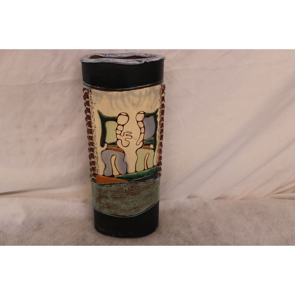 Vintage Italian Art Pottery Figural Cylinder Vase Mid Century Modern Sgraffito